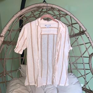 ZARA unisex regular fit short sleeve button down shirt striped button up linen
